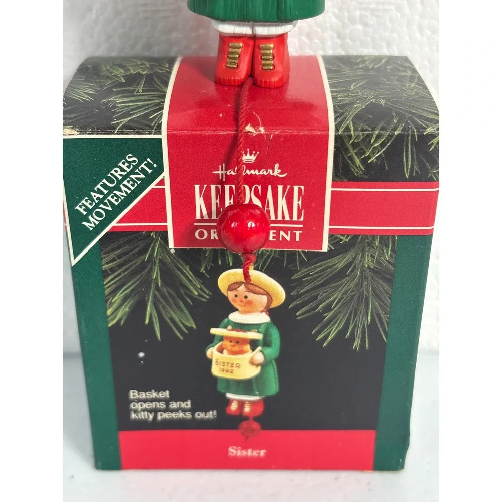 Hallmark Keepsake Ornament 1992‎ Sister With Teddy Bear Basket Movement